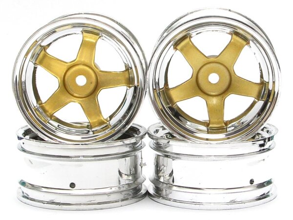 Team Raffee & Co 5-Spoke Wheel Set (4Pcs) Chrome + Gold For 1/10 RC Car (3mm Offset) BRTR-2003.3