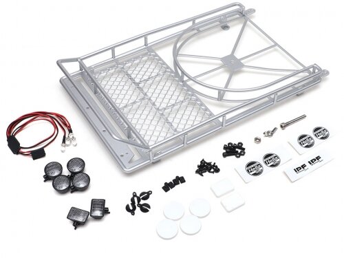Team Raffee & Co Steel Metal Roof luggage Rack w/ Tire Holder+LED light for SCX10 Wrangler #BR710068 & Cherokee TRC/302206 Body Silver TRC/302430S