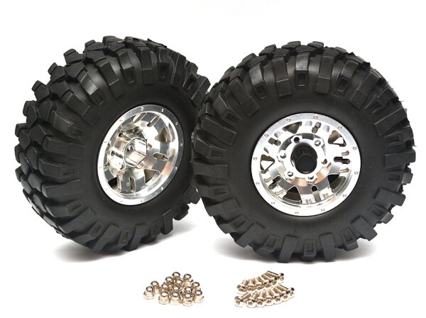 Team Raffee & Co Aluminum 1.9 Bead-lock Wheel & Tire Set (1 Pair) Silver for Axial SCX10 TRC/32305S